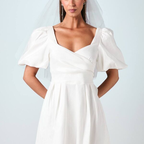 Puff Sleeve Full Skirted Mini Dress With Tie Back - Ivory