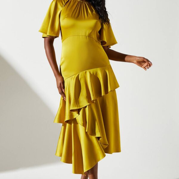 Cut Out Sleeve Satin Midi Dress - Olive