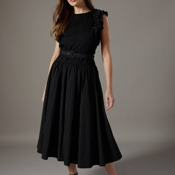 Taffeta Ruffle Belted Dress - Black