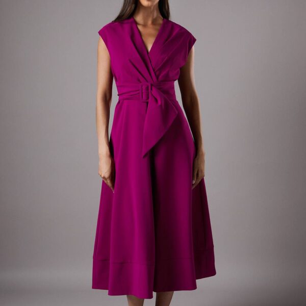 Belted Crepe Dress - Red
