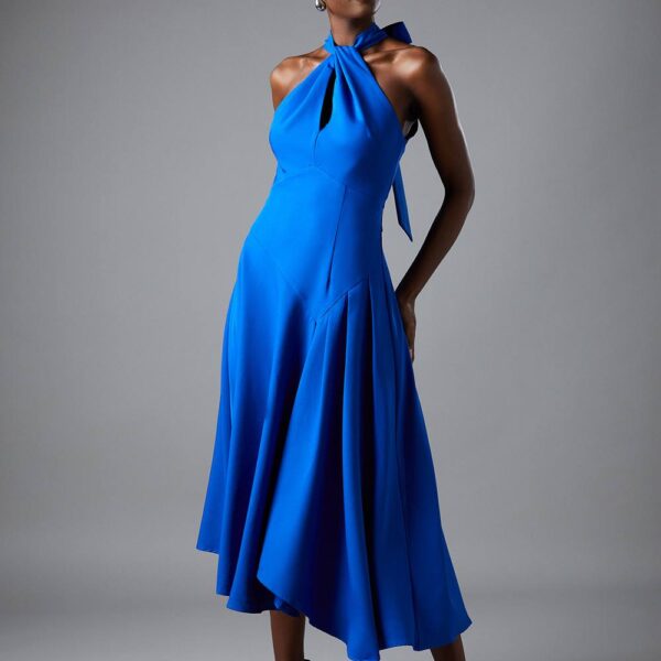 Cross Neck Pleated Midi Dress - Blue