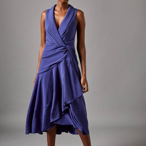 Shawl Collar Ruffle Hem Midi Dress - Blue