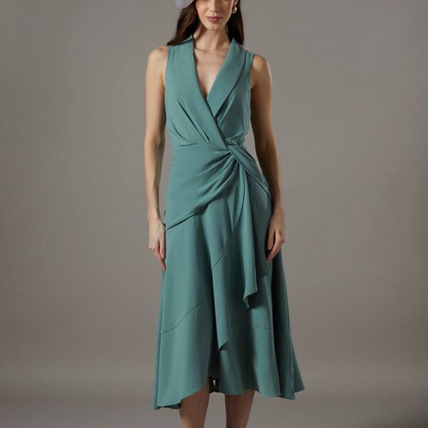 Shawl Collar Ruffle Hem Midi Dress - Sage