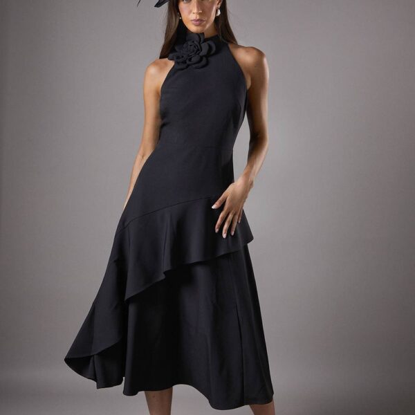 High Neck Corsage Detail Midi Dress - Black