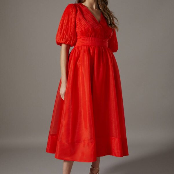 Wrap Front Organza Pleated Sleeve Dress - Orange