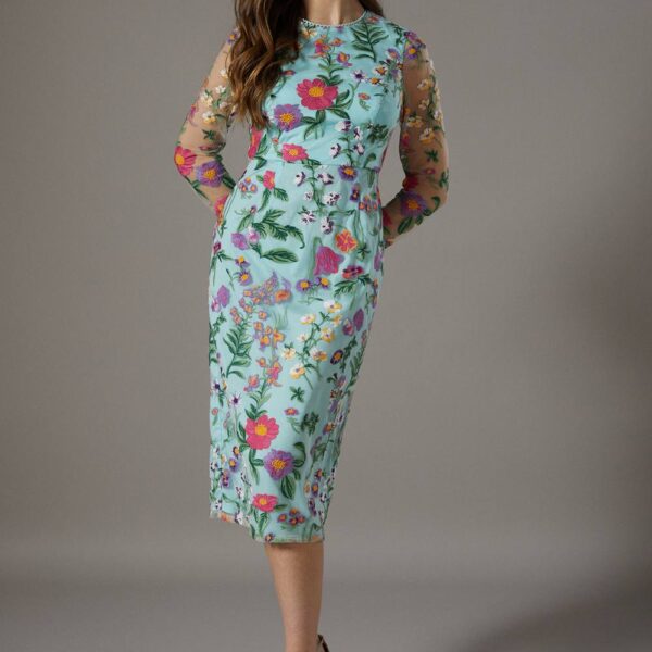 Embroidered Floral Mesh Pencil Dress - Blue