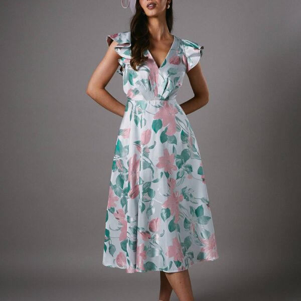 Jacquard Ruffle Sleeve Prom Dress - Mint