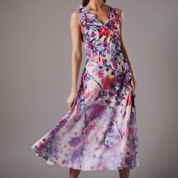 3d Flower Sleeveless Midi Dress - Pink