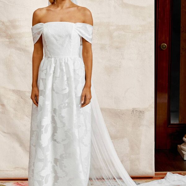 Bardot Organza Jacquard Full Skirted Wedding Dress - Ivory