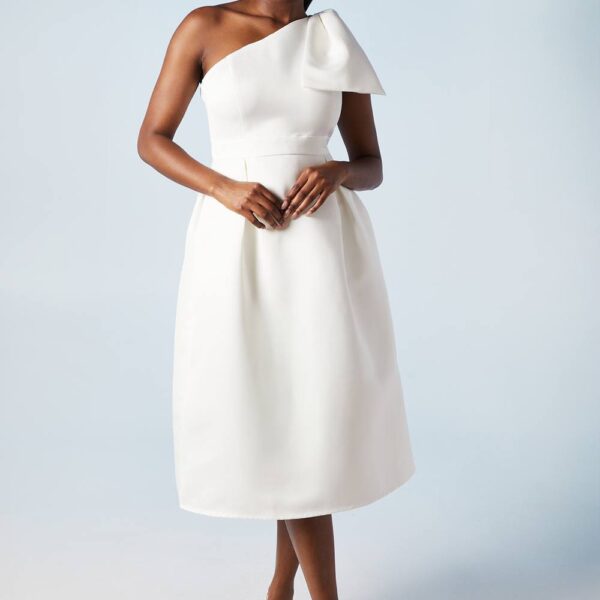 Statement Bow One Shoulder Bridal Midi Dress - Ivory