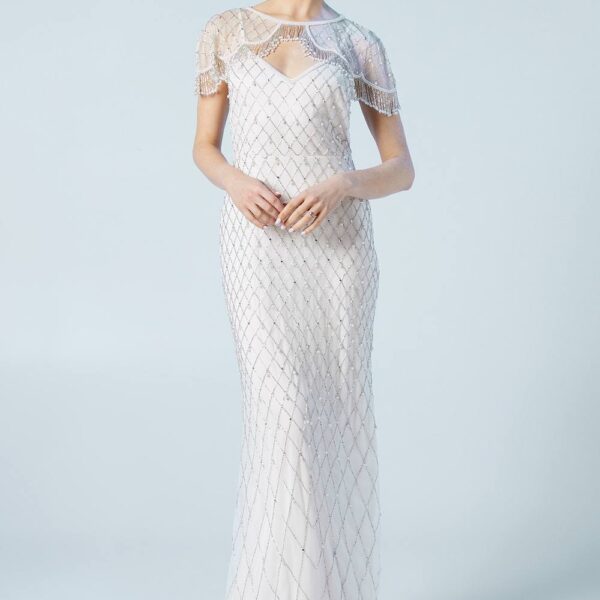 Art Deco Embellished Cami Wedding Dress With Detachable Cape - Ivory