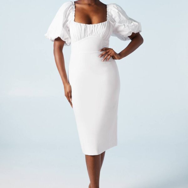 Ruched Bodice Puff Sleeve Column Wedding Dress - White