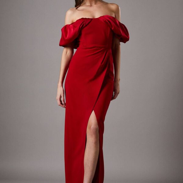 Volume Sleeve Corset Column Maxi Dress - Red