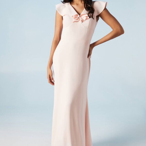 V Neck Shoulder Detail Crepe Bridesmaid Dress - Pink