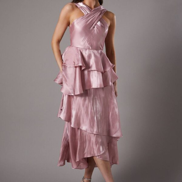 Cross Neck Tiered Ruffle Dress - Pink