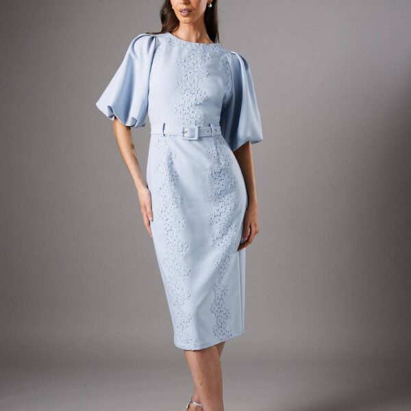 Lace Detail Puff Sleeve Belted Dress - Pale Blue