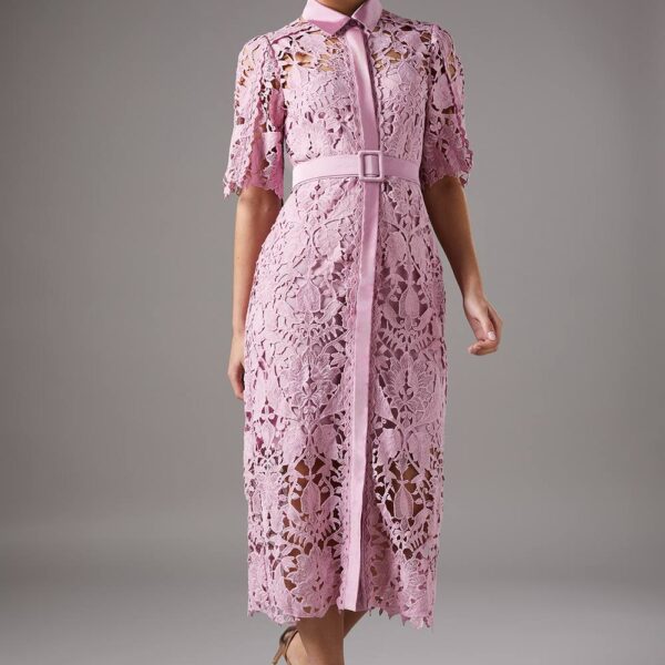 Lace Shirt Dress With Short Sleeves - Lilac