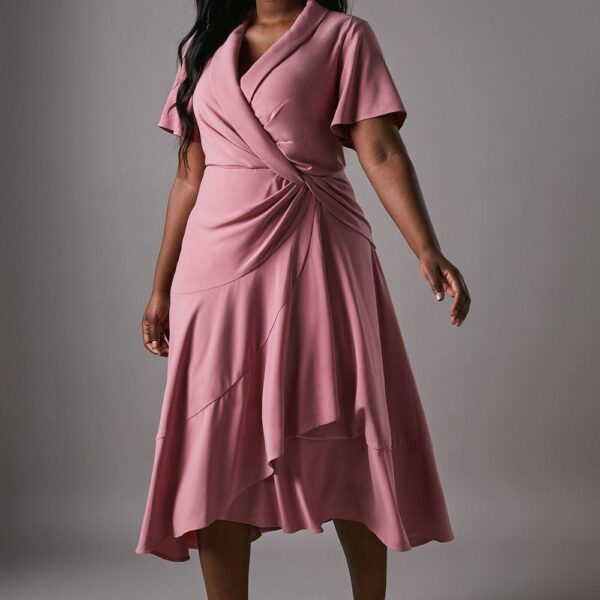 Plus Shawl Collar Ruffle Hem Midi Dress With Fluted Sleeve - Pink