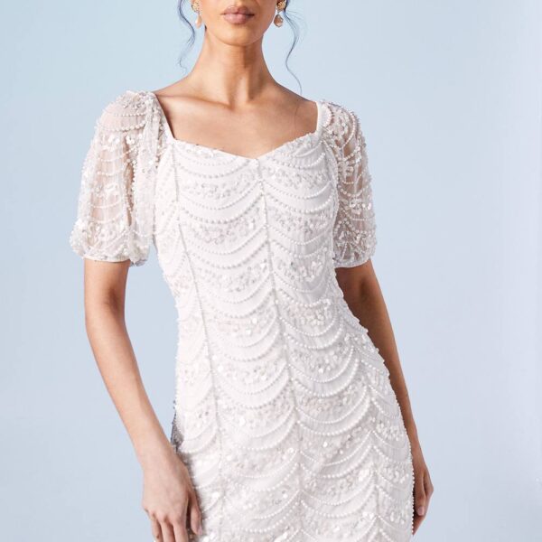 Pearl Scallop Detail Embellished Bridal Mini Dress - Ivory