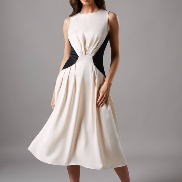 Contrast Panel Waist Sleeveless Midi Dress - Mono