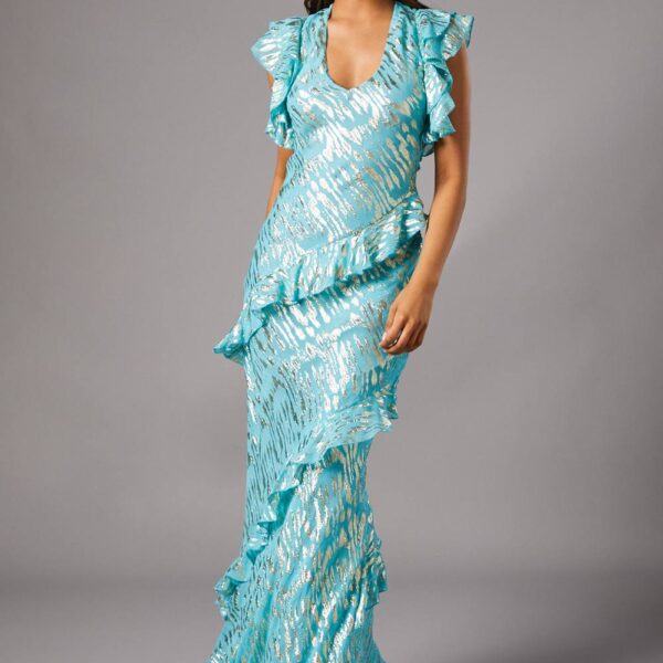 Petite Metallic Jacquard Frill Midi Dress - Blue