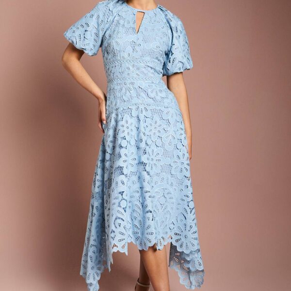 Lace Hanky Hem Puff Sleeve Dress - Light Blue
