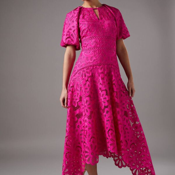 Lace Hanky Hem Puff Sleeve Dress - Pink