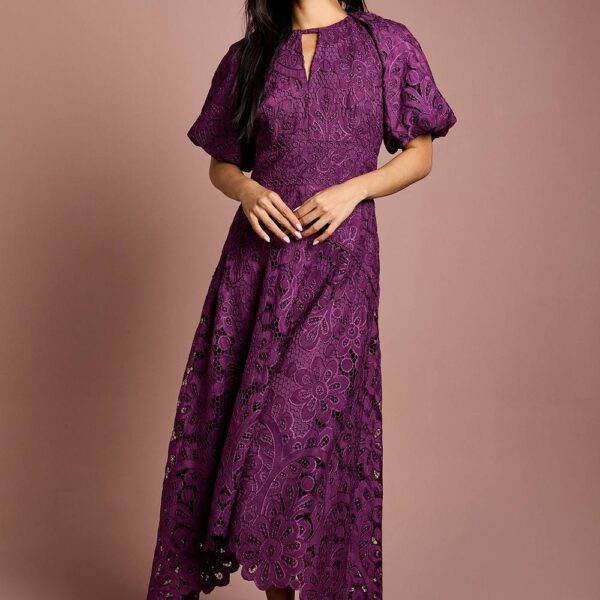 Lace Hanky Hem Puff Sleeve Dress - Plum