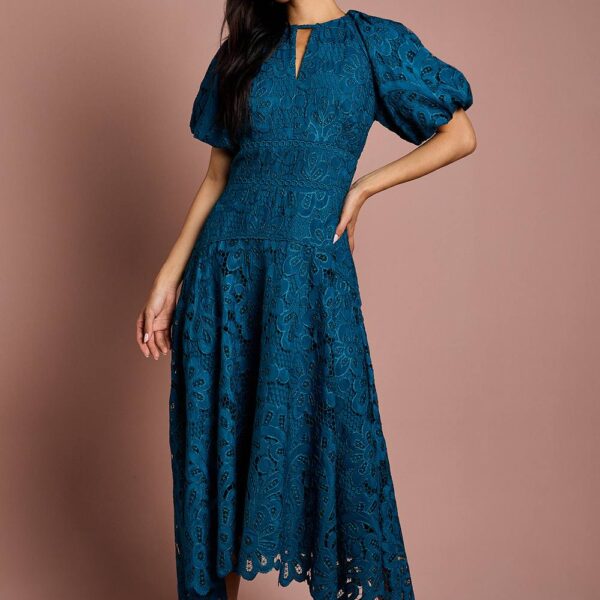 Lace Hanky Hem Puff Sleeve Dress - Blue