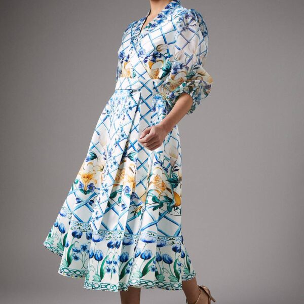 Tile Printed Belted Midi Dress