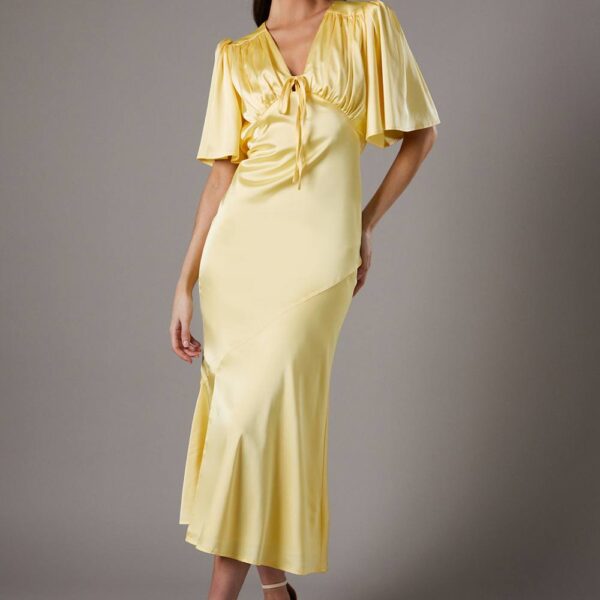 Gathered Bust Tie Front Slip Dress - Yellow