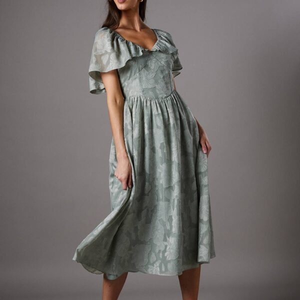 Floral Cape Sleeve Midi Dress - Green
