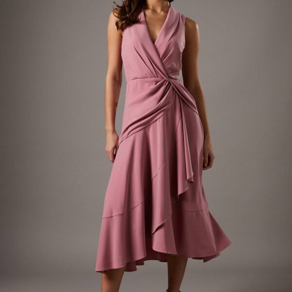 Shawl Collar Ruffle Hem Midi Dress - Pink