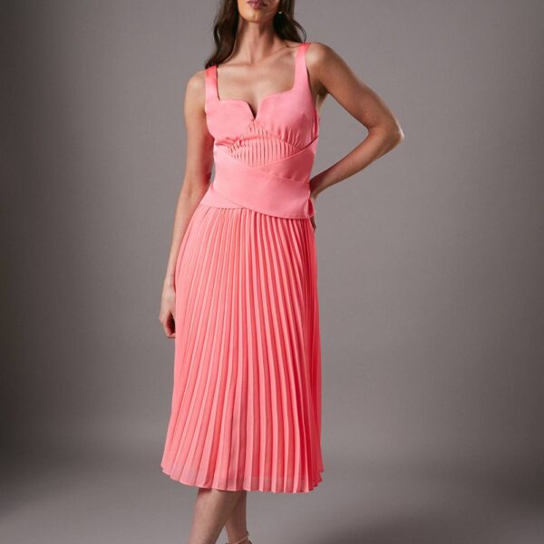 Lisa Tan Peplum Cross Detail Pleated Midi Dress - Pink