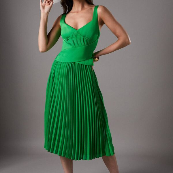 Lisa Tan Peplum Cross Detail Pleated Midi Dress - Green