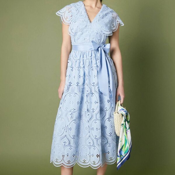 Lace V Neck Belted Midi Holiday Dress - Pale Blue