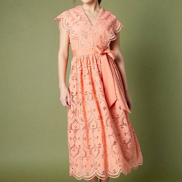 Lace V Neck Belted Midi Holiday Dress - Pink