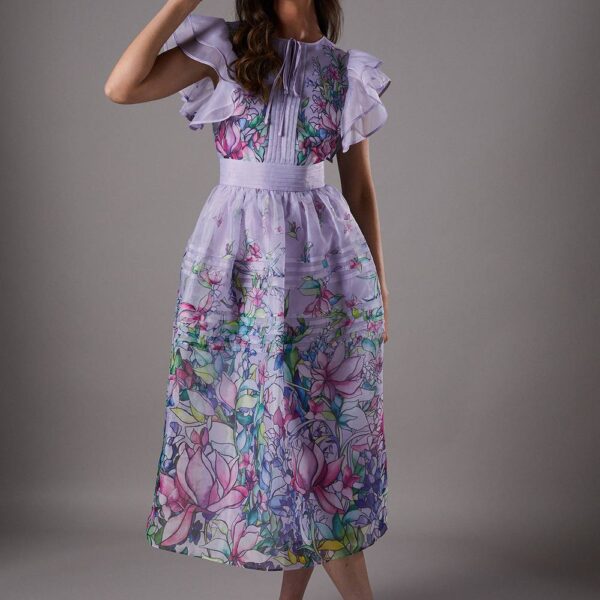 Lisa Tan Organza Ruffle Printed Midi Dress - Lilac