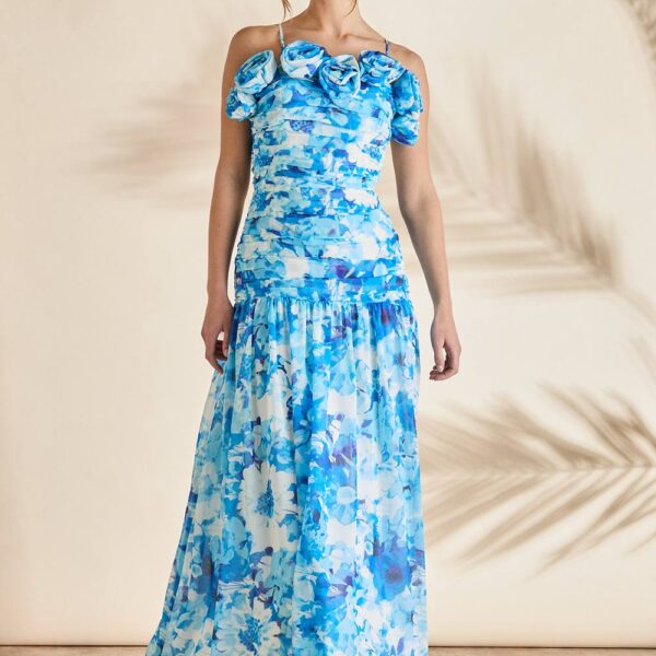 Corsage Pleated Strappy Maxi Dress - Blue
