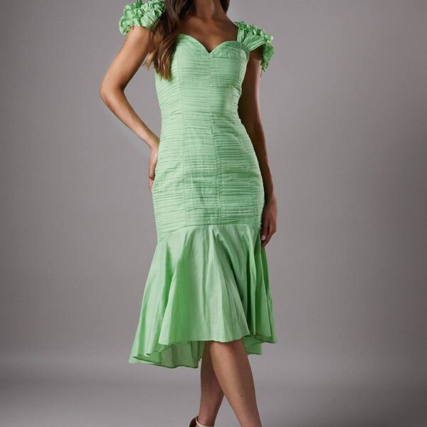 Ruched Sleeveless Drop Hem Midi Dress - Green