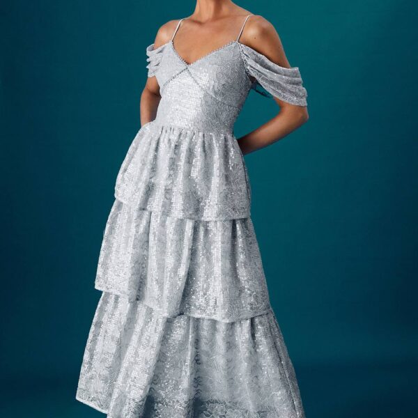 Coast Muse Lace Sequin Tiered Dress - Blue