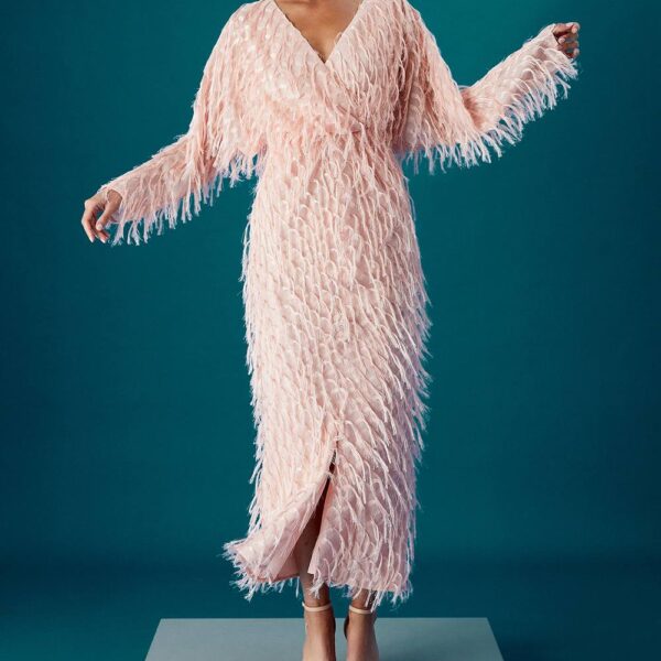Coast Muse Long Sleeve Feather Detail Maxi Dress - Pink