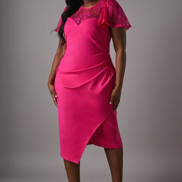 Plus Short Sleeve Jersey Midi Dress With Lace Panel - Pink