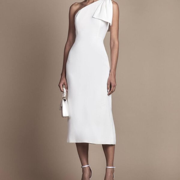 Bow One Shoulder Midi Wedding Dress - Ivory