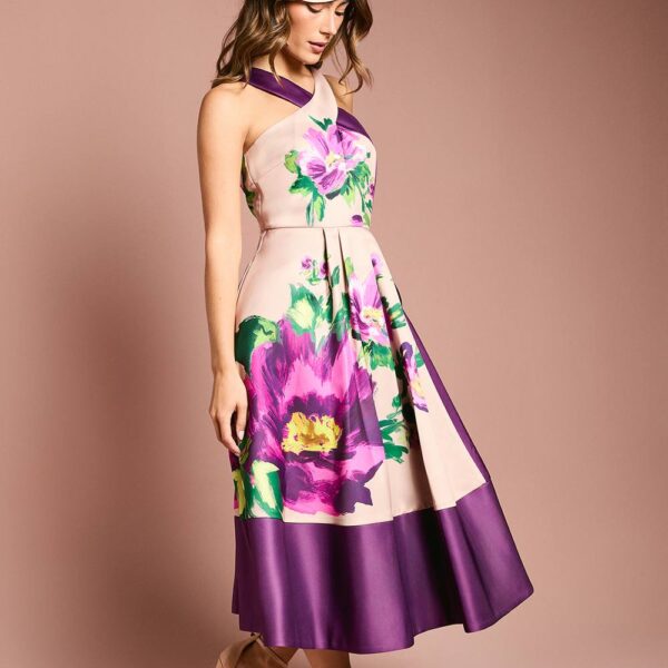 Printed Structured Satin Cross Neck Midi Dress - Purple