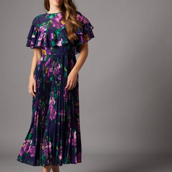 Cape Sleeve Chiffon Midi Dress With Pleated Skirt - Navy
