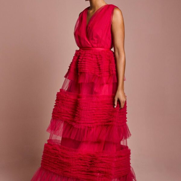 Petite Sleeveless Mesh Tiered Maxi Dress - Red