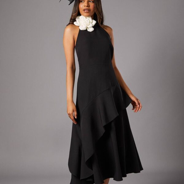 Petite High Neck Corsage Detail Midi Dress - Mono