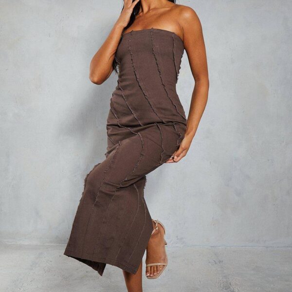 Womens Bandeau Denim Maxi Dress - chocolate - 6, Chocolate