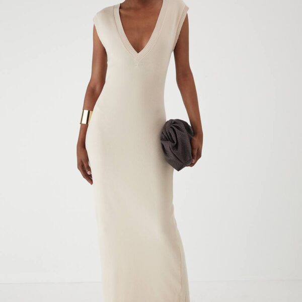 Womens Rib Knit Plunge Sleeveless Vest Fitted Maxi Dress - stone - M, Stone